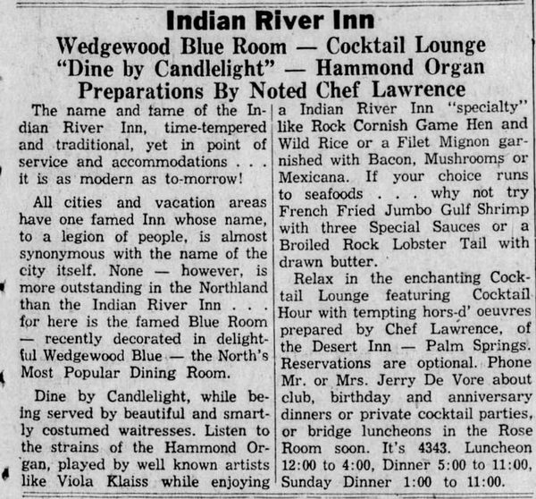 Indian River Inn (Brass Rail Bar & Grill) - Sept 22 1954 Article